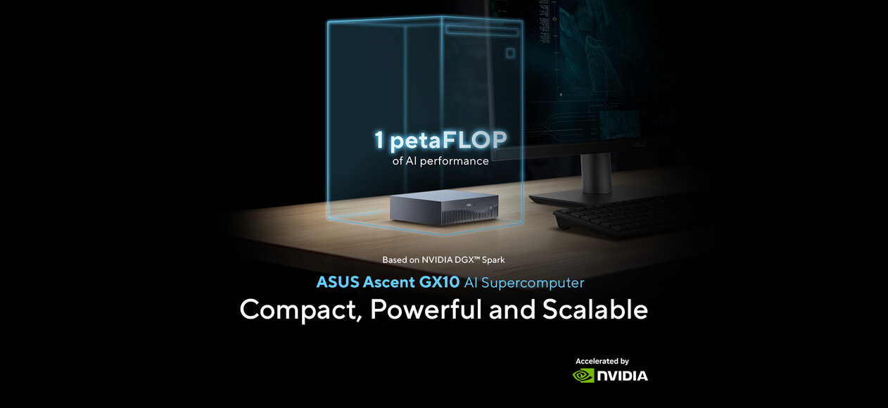 A GX10 compact AI supercomputer on the desk, paired with a monitor.